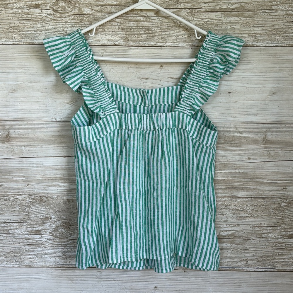 J.Crew Factory Green and white Striped Ruffle Sleeve Tank linen blend Top Sz XSP - Picture 5 of 7